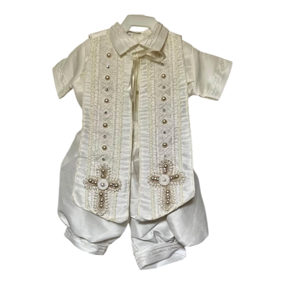 Elegant Ivory Baby Boy Christening‎ Outfit Embroidered Vest & Shorts Set Size 1